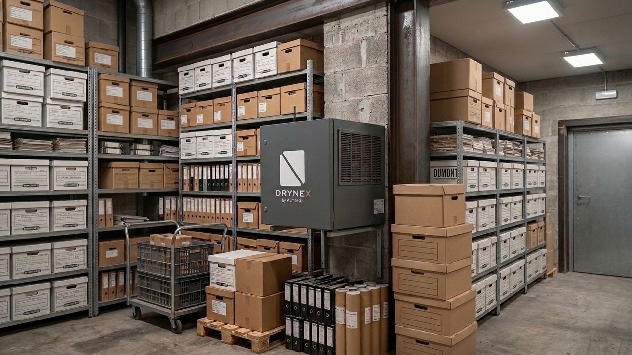 Luftentfeuchter in einem Archiv mit Aktenordnern und Lagerkartons