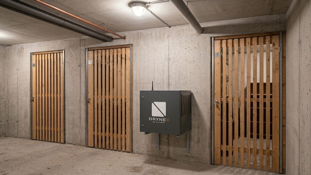 Ein Entfeuchter hält einen ganzen Kellergang mit Holzlattenabteilen trocken
