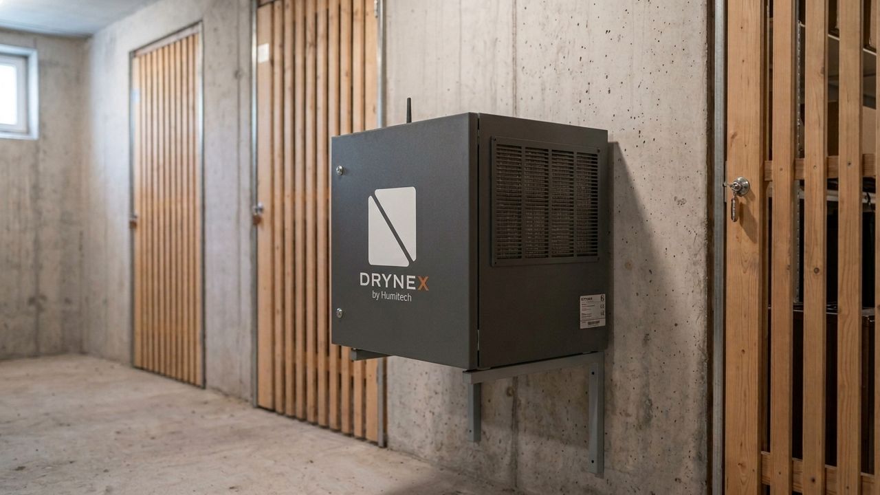 DryNex Luftentfeuchter, fest auf einer Wandkonsole im Kellergang montiert